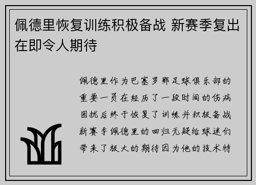 佩德里恢复训练积极备战 新赛季复出在即令人期待 佩德里恢复训练积极备战 新赛季复出在即令人期待